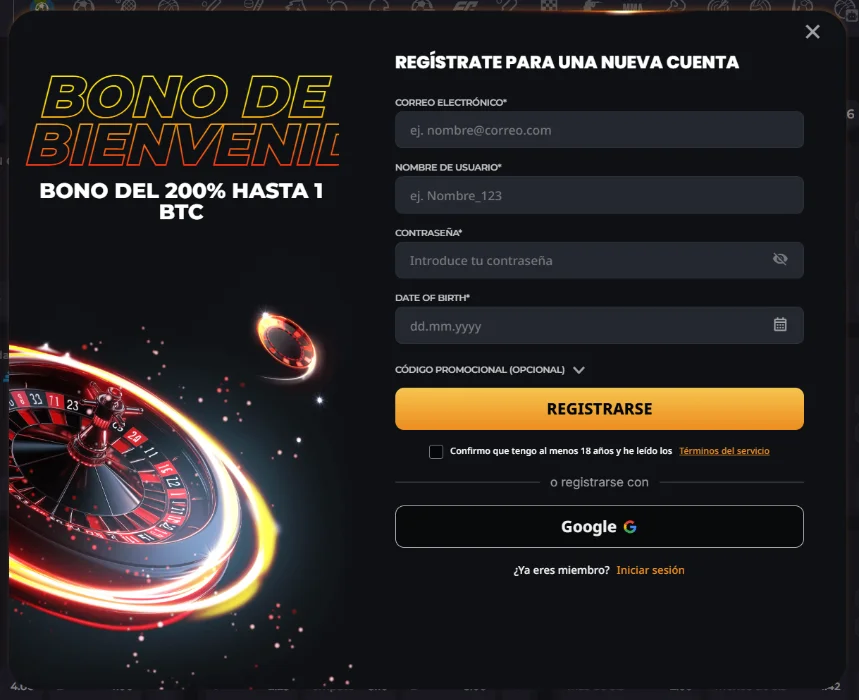 Instant Win casino formulario de registro con bono de bienvenida y creación de cuenta