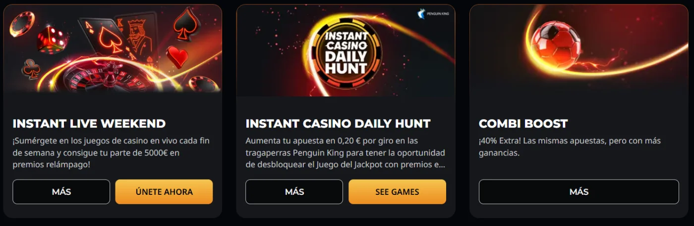 Instant Win casino juegos en vivo con torneos, promociones y bonos especiales