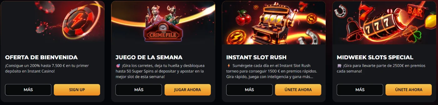 Instant Win casino promociones con bonos de bienvenida, juegos semanales y premios especiales